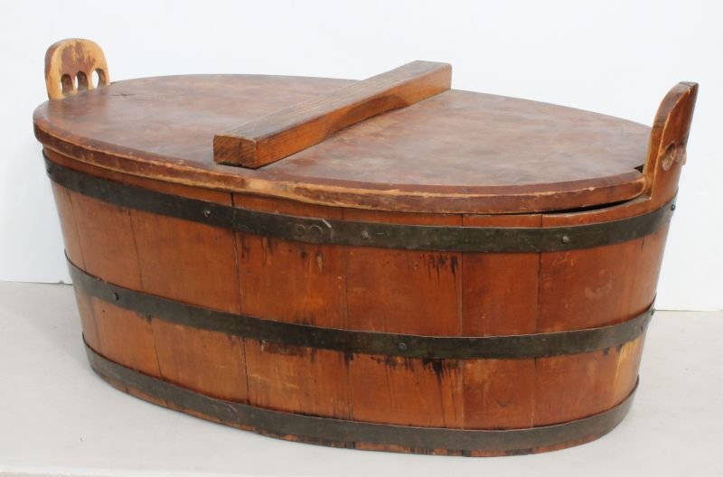 antique iron banded oval wooden storage tub w fitted: antique iron banded oval wooden storage tub w fitted lid in old red stain surface from a VT farmhouse - 22 1/2" long x 14 3/4" deep x 11" tall