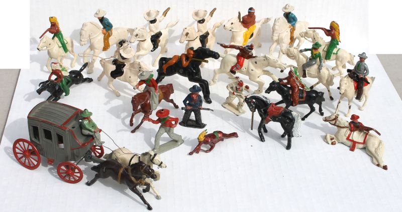lot of approx 20+ antique lead Cowboys & Indians (most: lot of approx 20+ antique lead Cowboys & Indians (most on horseback) by Barclay & Johill plus horse drawn stagecoach w driver