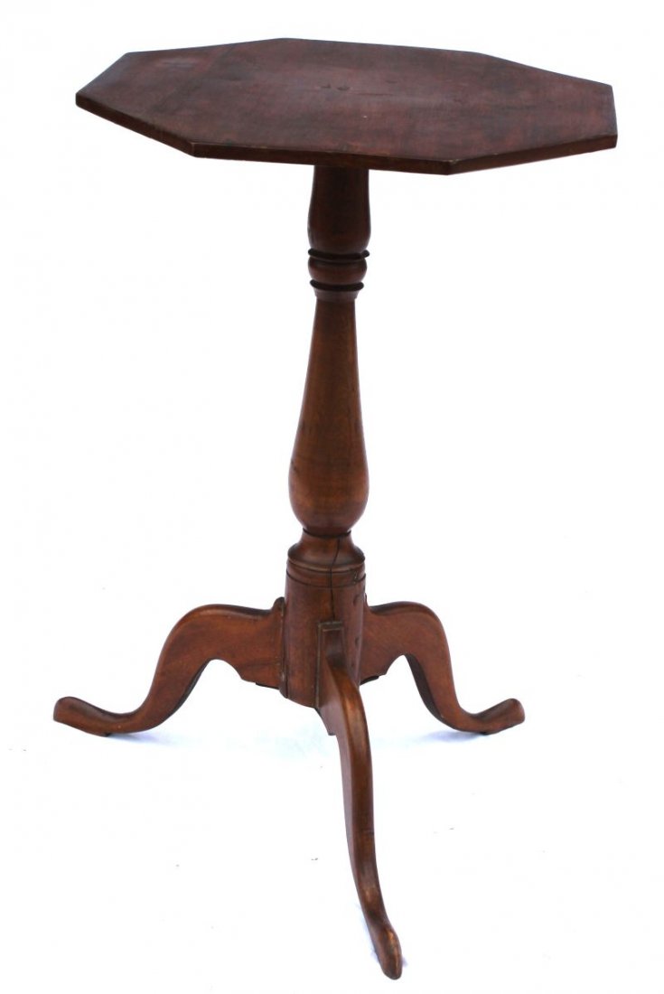 QA period 18thC New England maple snake ft candlestand: QA period 18thC New England maple snake ft candlestand w octagonal shaped top