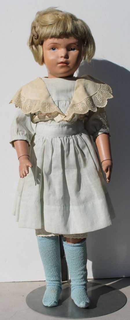 ca 1911-1915 Schoenhut doll w orig wig (in orig set) &: ca 1911-1915 Schoenhut doll w orig wig (in orig set) & intaglio eyes - some professional touch up to face. Appropriately dressed - 20" tall