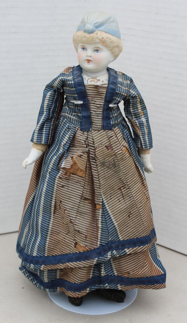 ca 1860-80 Bonnethead 14" doll w parian bonnet shoulder: ca 1860-80 Bonnethead 14" doll w parian bonnet shoulder head, cloth body & china forearms & hands - painted eyes