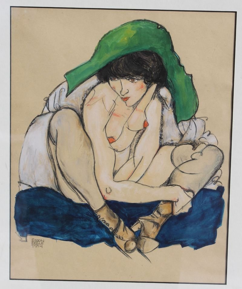 Egon Schiele (1890-1918) 16”x12” mixed media (w/c &: Egon Schiele (1890-1918) 16”x12” mixed media (w/c & charcoal) sgnd & dated 1914 (l.l.) female nude w high button shoes & stockings – vibrant blue, green & red colors – comes w certificate of a