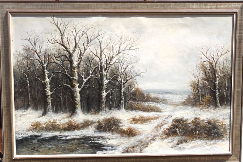 Arthur Parton (1842-1914) very large 27"x40" fine o/c: Arthur Parton (1842-1914) very large 27"x40" fine o/c winter landscape - Private Collection