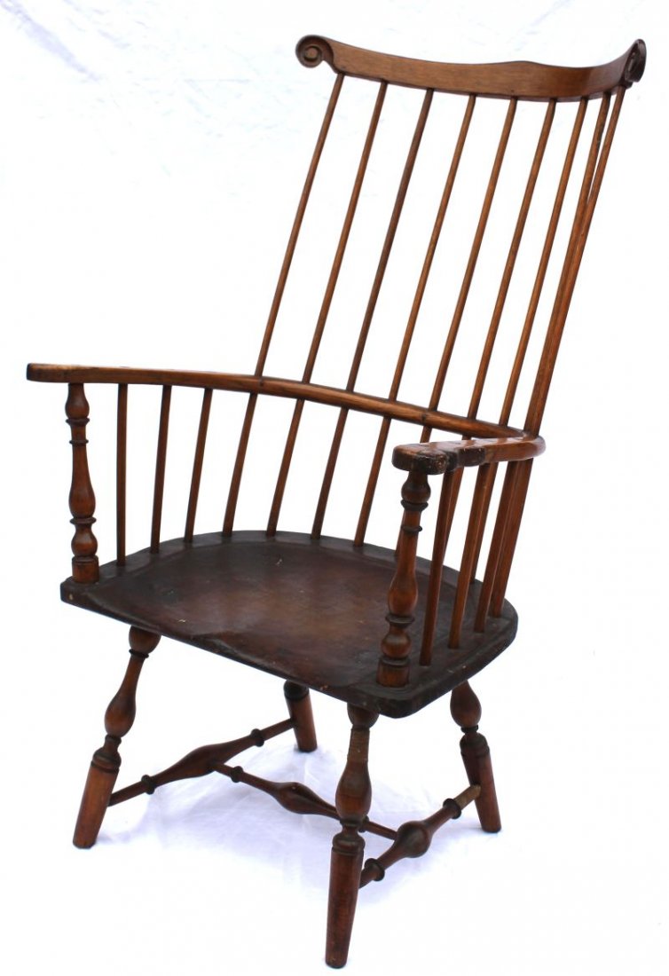 fabulous form Philadelphia fan back Windsor armchair: fabulous form Philadelphia fan back Windsor armchair featuring well shaped saddle seat, bulbous turnings & volute carved ears - 44 1/2" tall