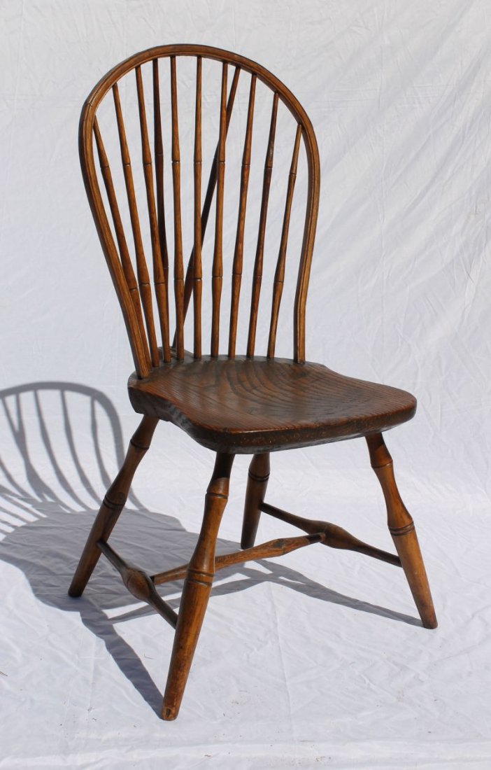 Sgnd Tracey period Windsor CT bowback/braceback: Sgnd Tracey period Windsor CT bowback/braceback sidechair featuring wide splay turned legs - signature is partially worn away, but there - 37" tall - 16 1/2" seat height