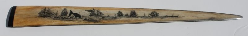 antique scrimshawed swordfish bill w whaling scene dec: antique scrimshawed swordfish bill w whaling scene dec - 29" long