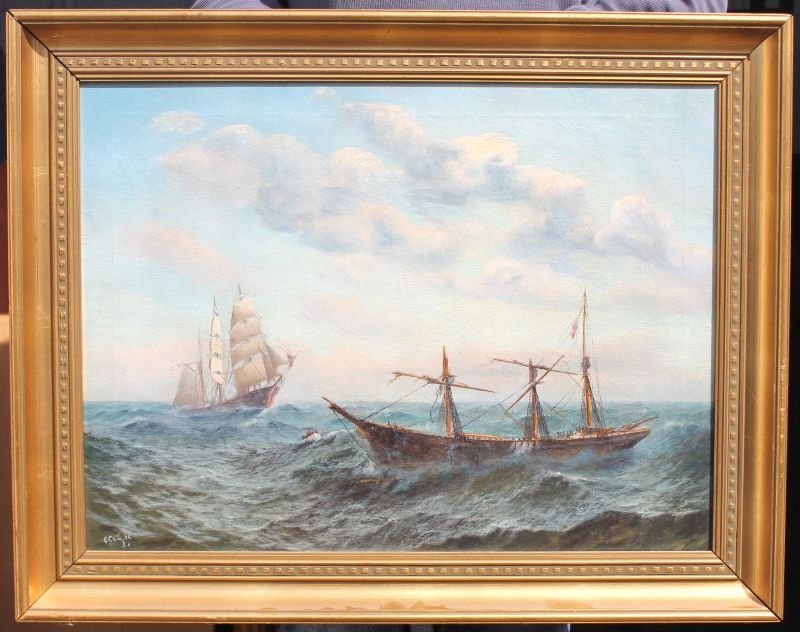 Eliot Candee Clark N.A., A.W.S. (1883-1980) 18"x24" o/c: Eliot Candee Clark N.A., A.W.S. (1883-1980) 18"x24" o/c marine scene depicting rescue of a distressed ship - dated 1931 - both ships flying American flags - Private Collection
