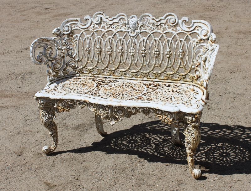 fine antique cast iron small garden bench w very ornate: fine antique cast iron small garden bench w very ornate all over dec incl Jenny Lind head - 44 1/2" long