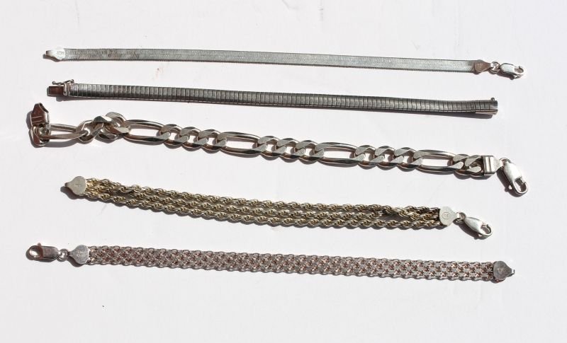 5 sterling silver rope, link, chain bracelets: 5 sterling silver rope, link, chain bracelets