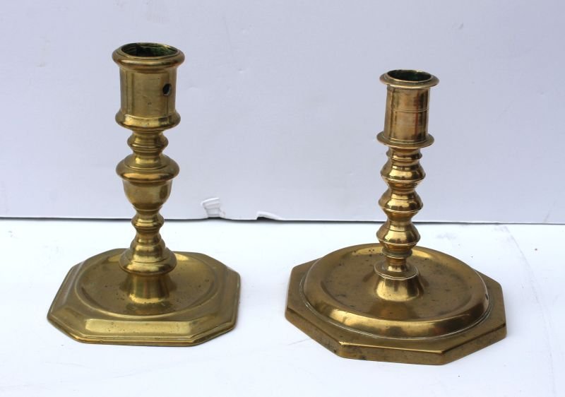 lot of two 17thC Dutch or Spanish octag base brass: lot of two 17thC Dutch or Spanish octag base brass candlesticks - 5 3/4" & 5 1/4" tall