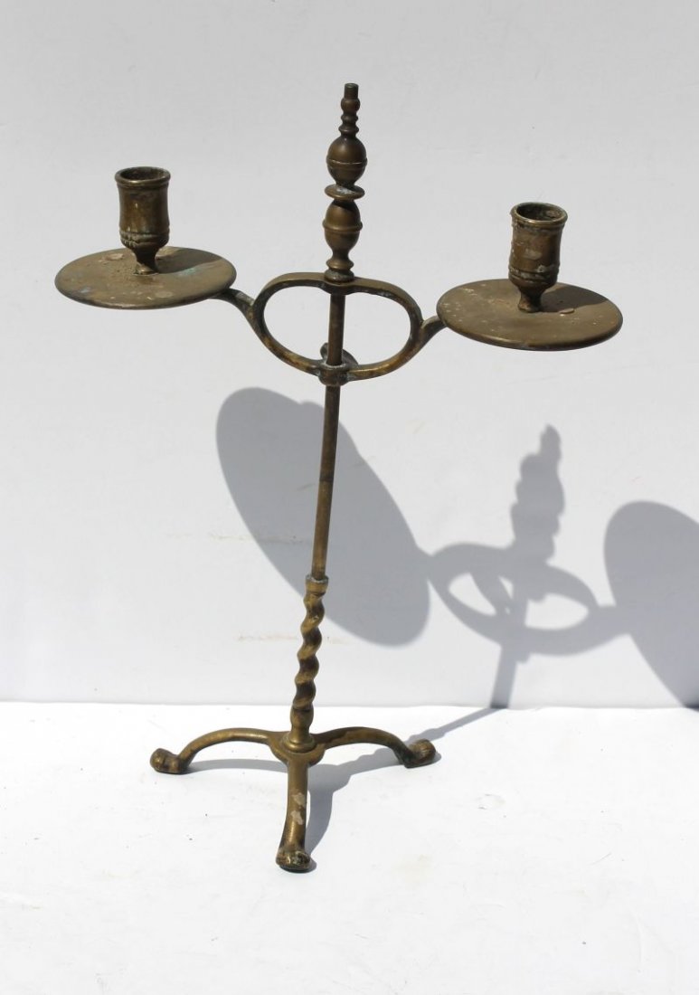 ca 1800-1820 American rare cast brass adjustable dbl: ca 1800-1820 American rare cast brass adjustable dbl arm candlestand on paw feet featuring dbl lemon top finial & incised turned candle cups - fine untouched cond - old patina - 15" tall