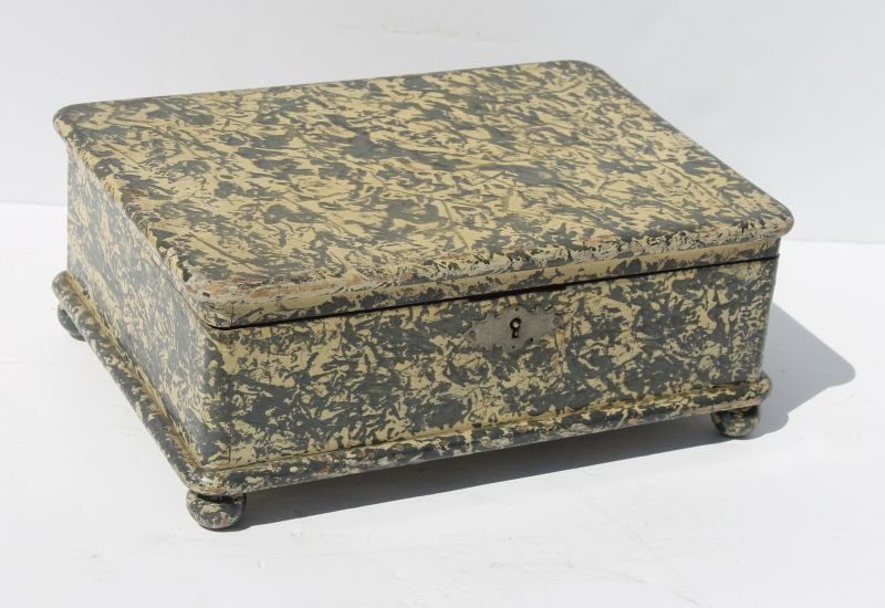 ca 1820-40 PA great free hand maple or tulip wood: ca 1820-40 PA great free hand maple or tulip wood sponge dec ftd document box featuring tightly dovetailed construction, overhanging lid, flattened ball feet & brass hinges & escutcheon in excellent u