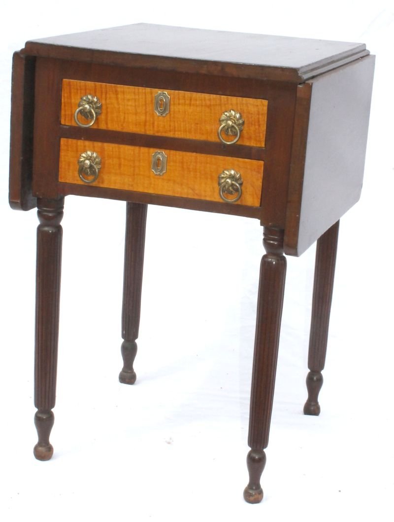 Period Sheraton early 19thC 2 drawer mahog stand w: Period Sheraton early 19thC 2 drawer mahog stand w tiger maple drawer fronts & reeded legs