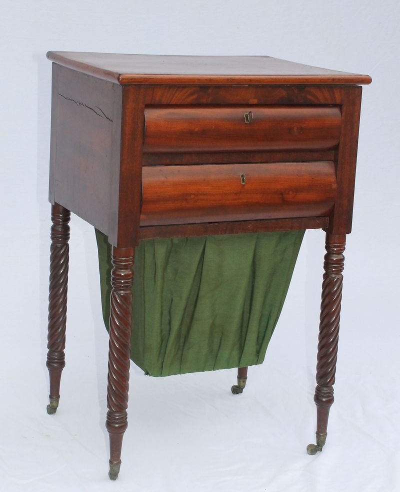 late period Sheraton ca 1820 2 dr mahog sewing stand w: late period Sheraton ca 1820 2 dr mahog sewing stand w bag drawer on rope turned legs - 29" tall x 19 1/4" wide