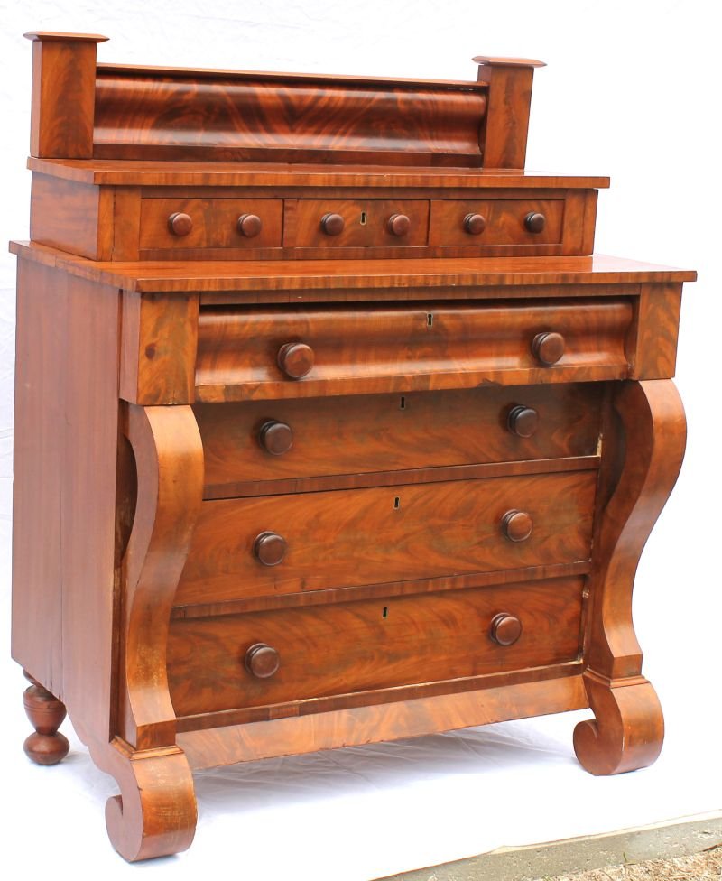 period Empire ca 1840 mahogany chest on elephant trunk: period Empire ca 1840 mahogany chest on elephant trunk feet w glove boxes & splash - 43 1/4" long x 23" deep x 52 1/2" tall