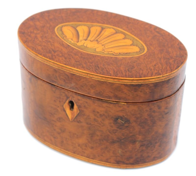 fine early 19thC burlwood oval tea caddy w oval panel: fine early 19thC burlwood oval tea caddy w oval panel shell inlaid lid - 3 1/2" tall x 5 1/2" long x