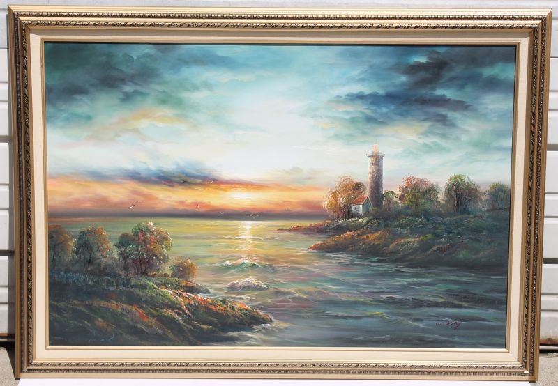 W. Riley 24"x36" o/c coastal sunset scene w lighthouse: W. Riley 24"x36" o/c coastal sunset scene w lighthouse