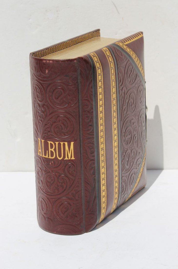 antique exceptional (never used condition) leather: antique exceptional (never used condition) leather tooled photo album w gilt edged pages in orig box - new/old store stock - 6 1/4" x 6"