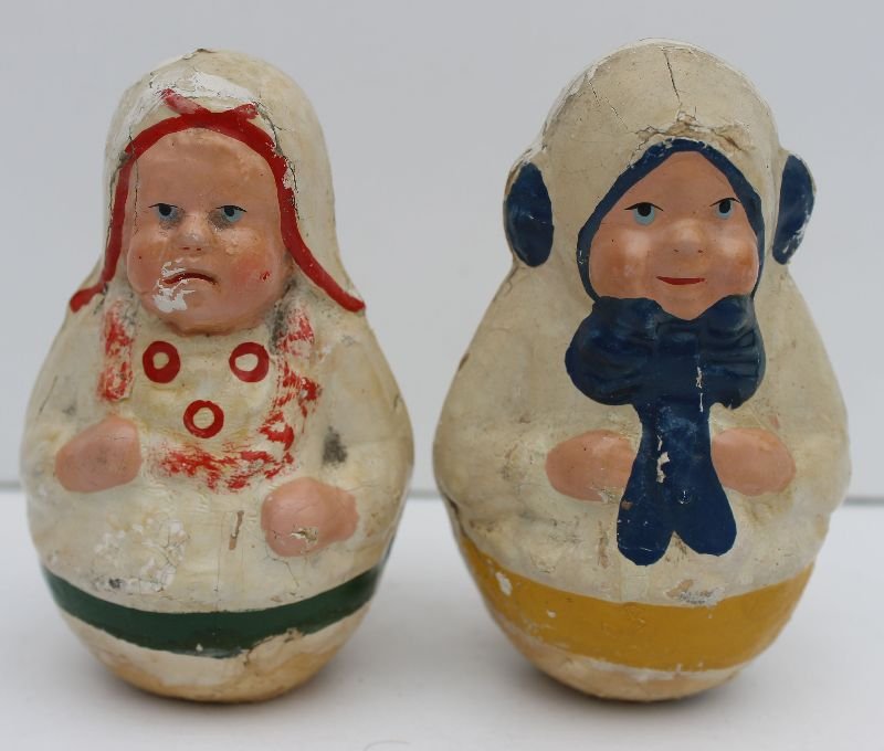 ca 1912-1915 pr of orig painted papier mache Schoenhut: ca 1912-1915 pr of orig painted papier mache Schoenhut roly poly figures - 4" tall
