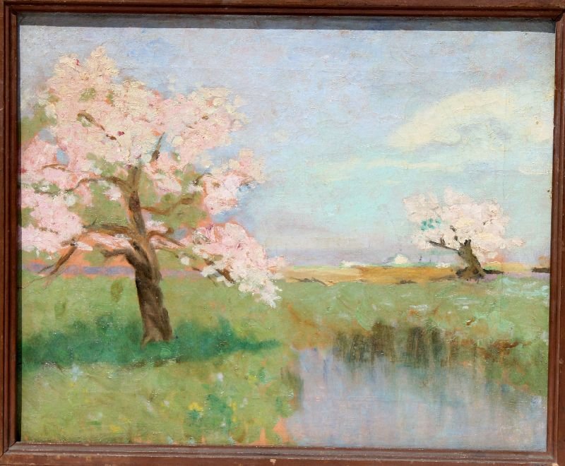 Fine sgnd on verso Fairfield Porter (1907-1975) 13"x16": Fine sgnd on verso Fairfield Porter (1907-1975) 13"x16" o/c of apple trees in blossom dated 1954