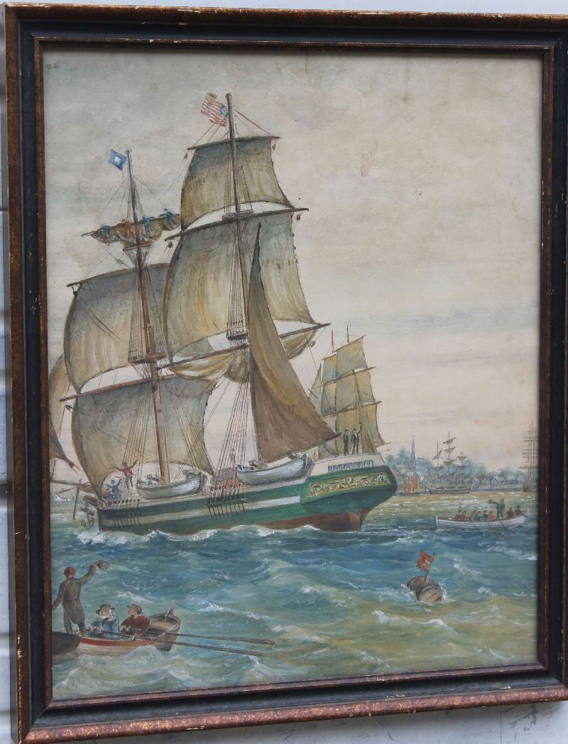 Fine 19thC 17"x14" w/c marine scene depicting ship w: Fine 19thC 17"x14" w/c marine scene depicting ship w American flag & leaving Port banner w many other boats & figures & harbor & shoreline structures