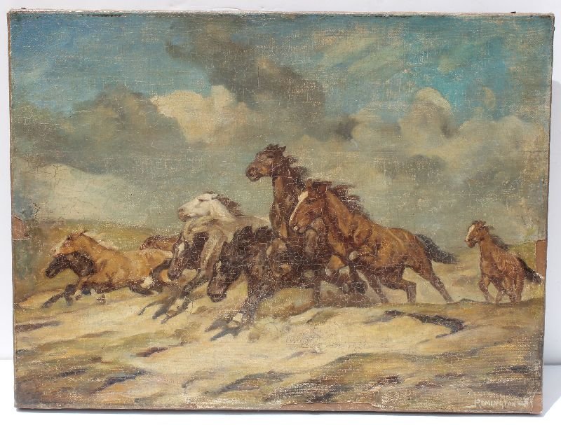 Important Frederick Remington (1861-1909) 17"x23" o/c: Important Frederick Remington (1861-1909) 17"x23" o/c early work ca 1880's depicting 9 horses running ahead of a storm - relined & as is