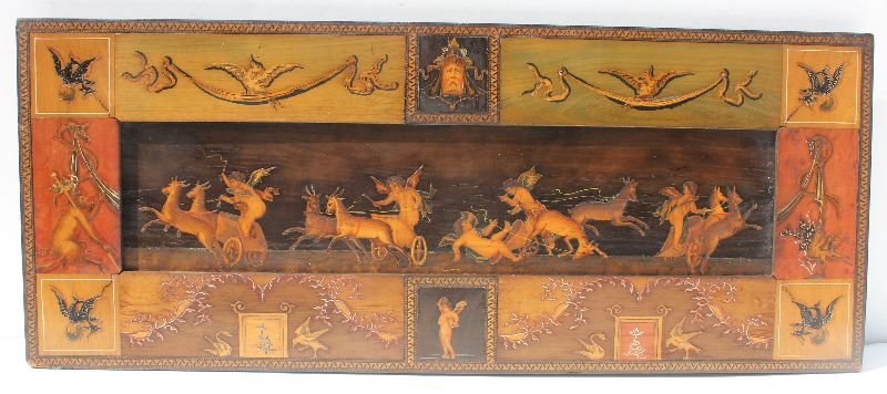 outstanding attrib Gargiulo late 19thC Italian: outstanding attrib Gargiulo late 19thC Italian marquetry wall plaque - 22 1/2" x 9 1/8" depicting cherubs in chariots, satyr, mythological creatures, birds, etc