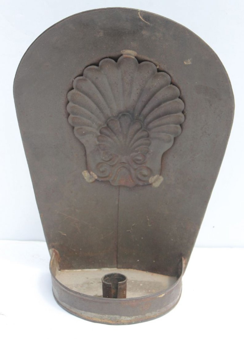very rare early 19thC rolled sheet iron American: very rare early 19thC rolled sheet iron American scalloped shell dec hooded concave candle sconce in wonderful dark pewter gray patina w orig applied pierced hanger on back - Note: all solder joints i