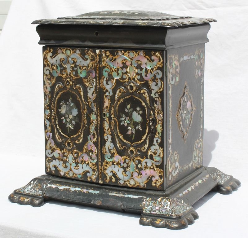 Beautiful early 19thC papier mache & MOP 2 door jewelry: Beautiful early 19thC papier mache & MOP 2 door jewelry chest w multi drawer interior - Note: this very versatile chest has a lift top sewing compartment & a lap desk drawer on interior - 16" tall x 1