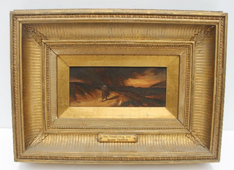 attrib Elihu Vedder (1836-1923) 3"x7" o/bd titled on: attrib Elihu Vedder (1836-1923) 3"x7" o/bd titled on plaque mtd on frame "The Wandering Jew - Elihu Vedder" in fine orig gilded frame - from the West SPfld, MA estate