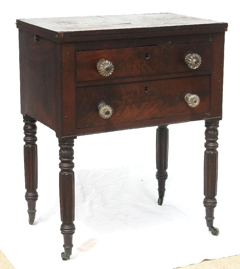 unusual period Sheraton ca 1800-1820 Charleston, SC: unusual period Sheraton ca 1800-1820 Charleston, SC carved handkerchief folding top ladies 2 drawer writing stand on carved & reeded legs w pull out side supports, fitted interior & glass knobs - Note