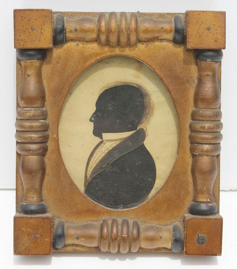 very good mid 19thC hollow cut & pen & ink highlighted: very good mid 19thC hollow cut & pen & ink highlighted silhouette of William Smith (Grandfather of the artist William Smith Elwell of Spfld, MA) in outstanding period frame - from West Spfld, MA estat