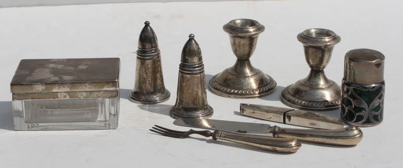 9 pc non weighable antique sterling silver lot incl: 9 pc non weighable antique sterling silver lot incl salt & pepper, pr of candlesticks, matching fruit knife & small fork & seam ripper, French glass dresser box w sterling lid & sm perfume w sterling 