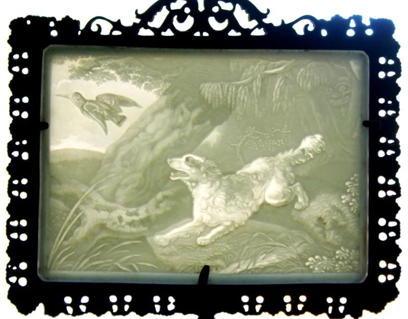Unusual Victorian iron tree trunk based candle screen w: Unusual Victorian iron tree trunk based candle screen w sgnd KPM lithophane panel depicting hunting dog rousting a pheasant - 12" tall - 3 3/4" x 5 1/2" panel