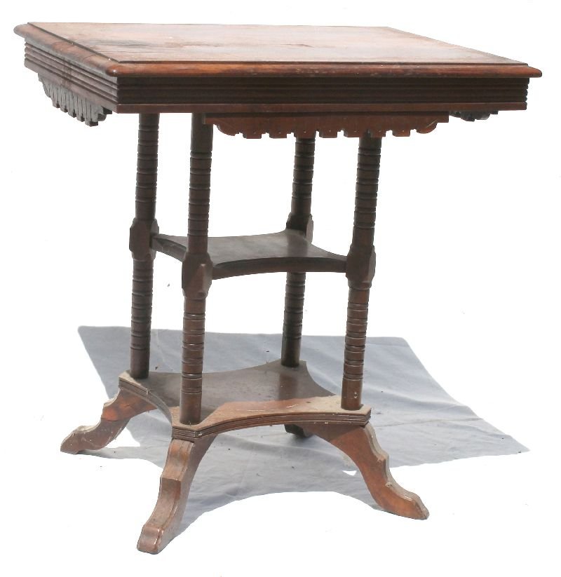 Victorian carved walnut 4 legged, dbl tiered parlor: Victorian carved walnut 4 legged, dbl tiered parlor table - 28" wide x 20" deep x 29 1/2" tall