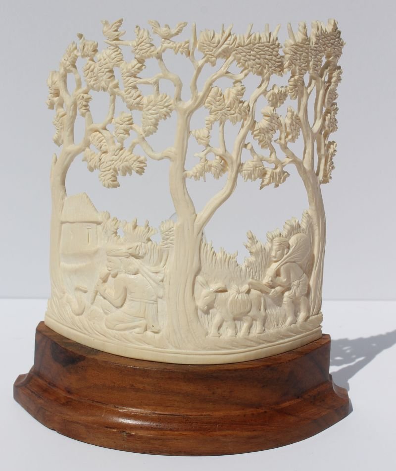 Indian carved ivory scenic nightlight w snake charmer,: Indian carved ivory scenic nightlight w snake charmer, donkey & field hand - 6 1/4" tall x 5 1/2" wide