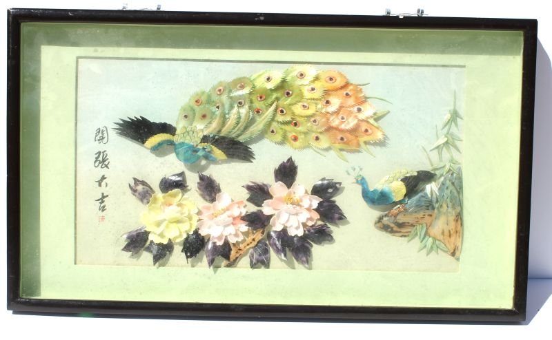 Chinese carved shell & stone peacocks & peonies in: Chinese carved shell & stone peacocks & peonies in shadow box frame - 16" x 27 1/2" overall framed size