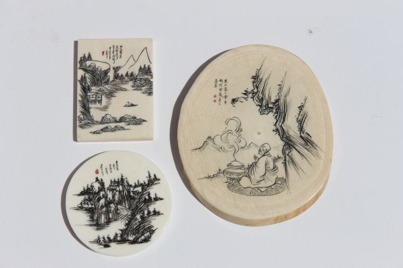 3 Chinese ivory disc pendants w scenic scrimshaw dec -: 3 Chinese ivory disc pendants w scenic scrimshaw dec - 1 3/4" - 3"