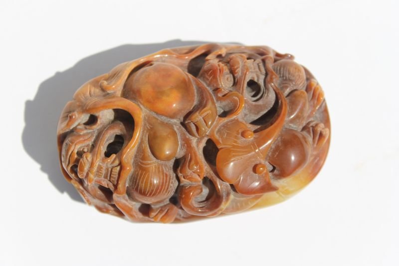 Chinese carved hard stone pendant w 2 foo dogs dec - 3: Chinese carved hard stone pendant w 2 foo dogs dec - 3 3/4" x 2 1/2"