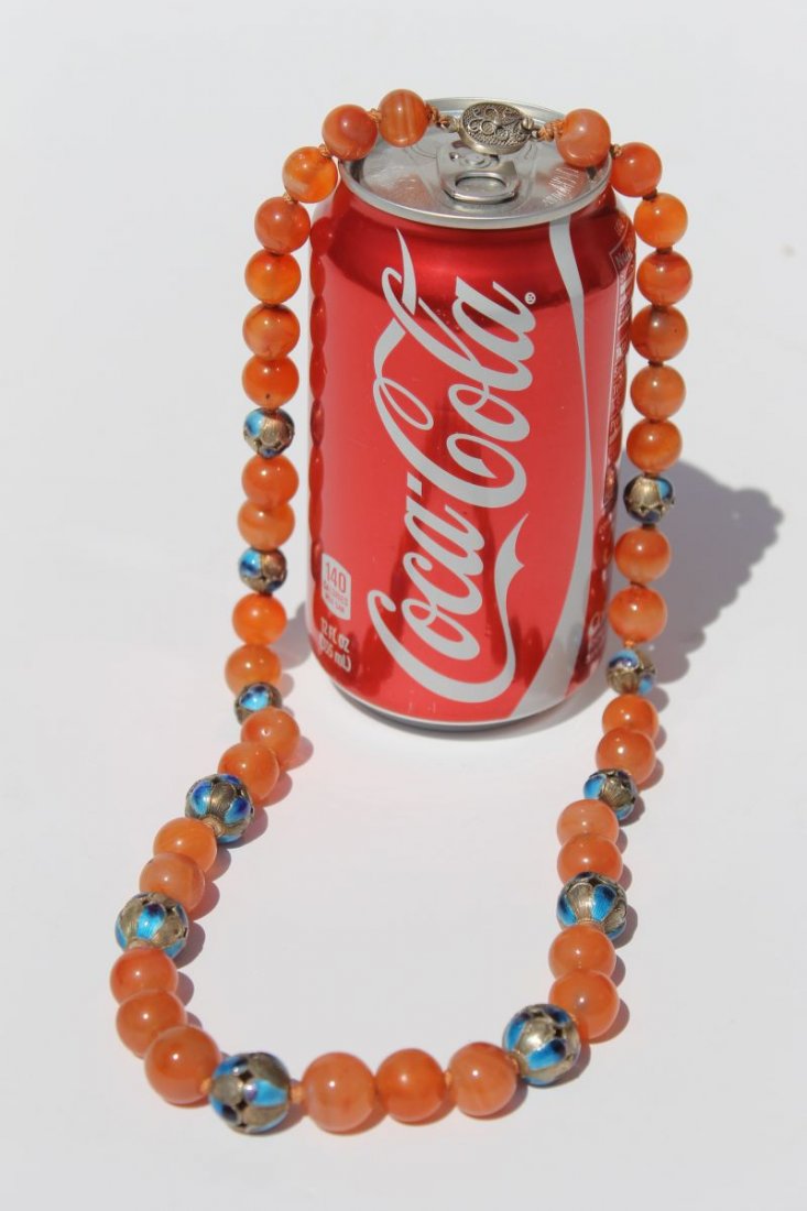 Chinese carnelian bead necklace w enameled silver bead: Chinese carnelian bead necklace w enameled silver bead accents - 22"