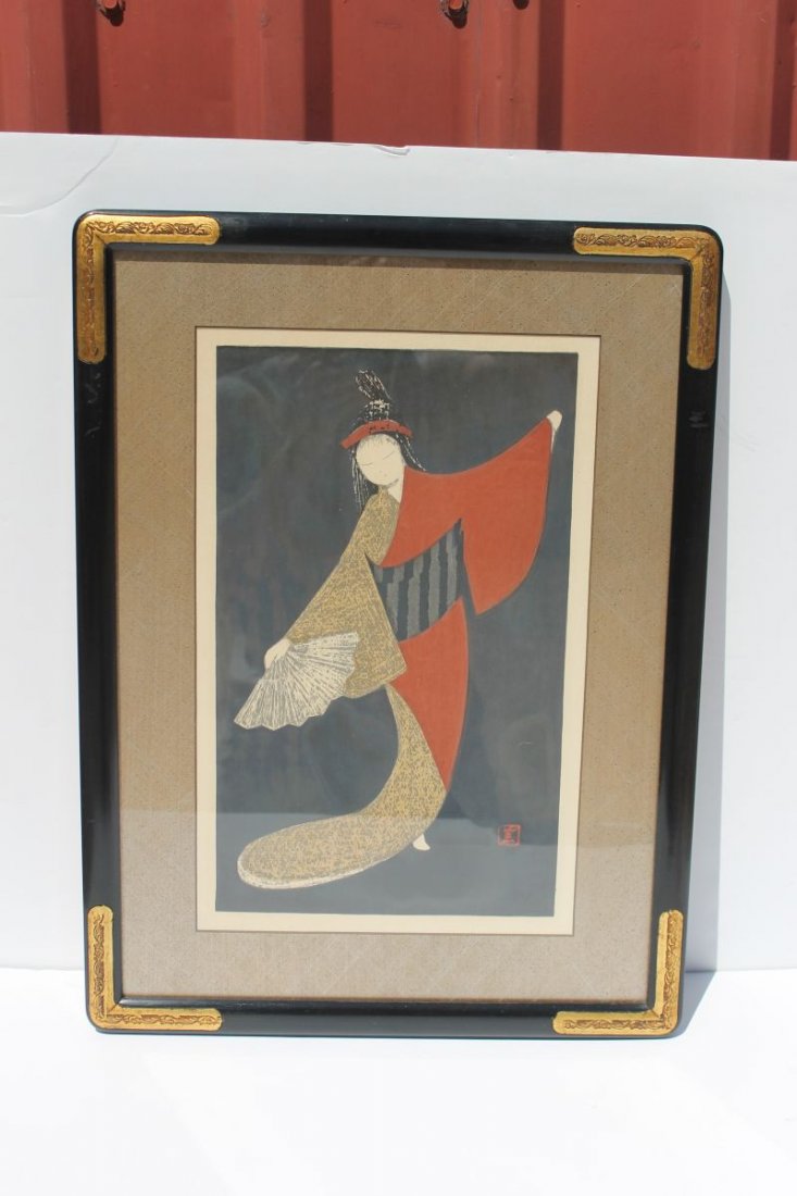 Kaoru Kawano Japanese woodblock print of a geisha: Kaoru Kawano Japanese woodblock print of a geisha framed & matted - image sight size 16" x 10"