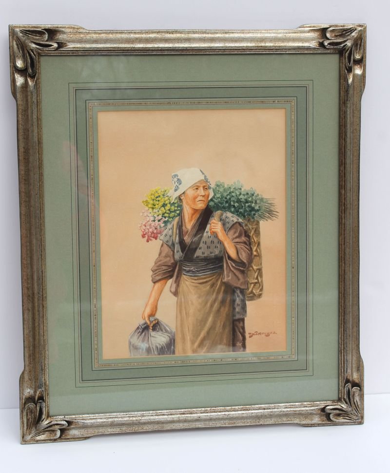 sgnd T. Nakayama (Takashi) 12 1/2" x 9 1/2" (sight: sgnd T. Nakayama (Takashi) 12 1/2" x 9 1/2" (sight size) w/c of an elder Japanese woman carrying a sack of herbs & flowers on her back - framed & matted