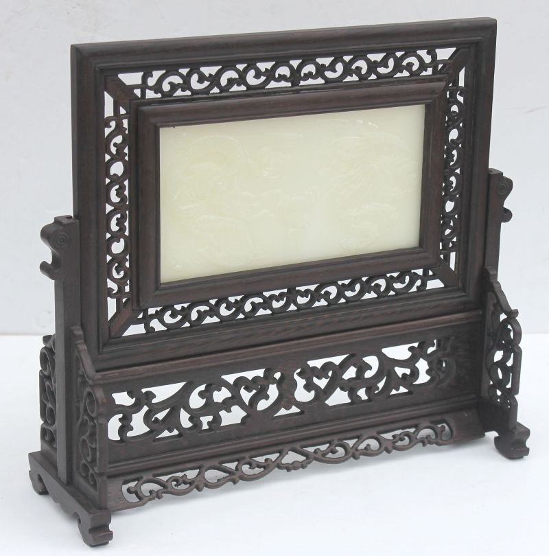 Chinese rosewood table top screen w white jade type: Chinese rosewood table top screen w white jade type panel - 12 1/2" tall x 14 1/4" wide