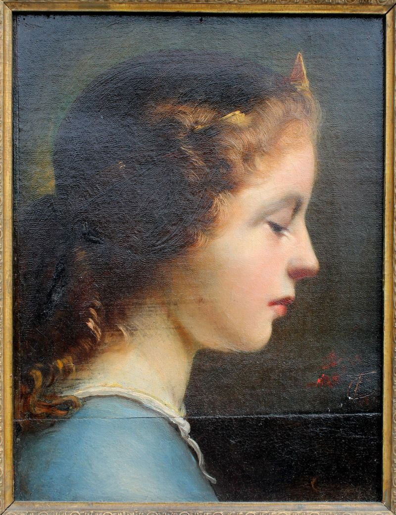 sgnd with inials TC (Thomas Cole) 15 1/2" x 12" o/c: sgnd with inials TC (Thomas Cole) 15 1/2" x 12" o/c portrait of his wife (pre marriage) - Note: typical Cole portrait featuring downward cast eyes… canvas labeled on verso E. Mcdermott 106 Broadway,