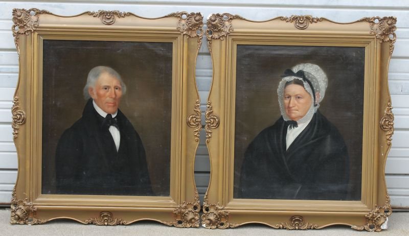 pr of early 19thC American School 30" x 25 1/2" o/c: pr of early 19thC American School 30" x 25 1/2" o/c portraits of husband & wife in period frames - info on verso states that these are Jacob Hoffner & Mary Magdaline Hoffner - who were born in 1765 & 