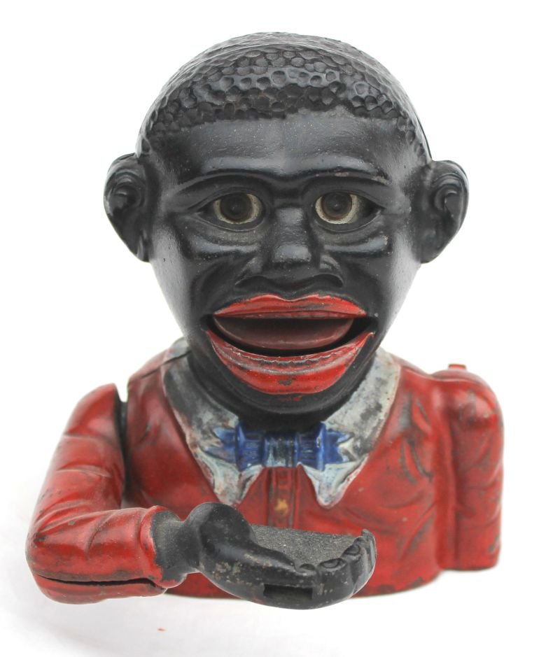 antique cast iron mechanical "Little Joe" bank by John: antique cast iron mechanical "Little Joe" bank by John Harper & Co. in all orig paint & working condition - 5" tall