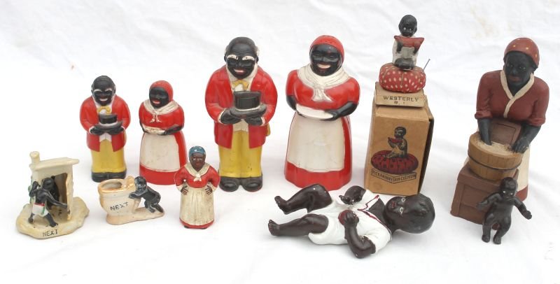 lot of antique African American memorablia incl hard: lot of antique African American memorablia incl hard plastic Uncle Moses & Aunt Jemima lg & small salt & pepper sets & other figures in cast iron, bisque, wood, tin, porcelain, etc - approx a dozen it