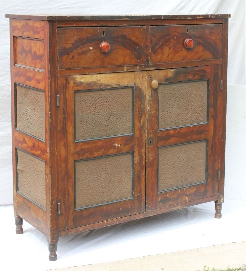 Fine mid 19thC 2 drawer over 2 door grain painted pie: Fine mid 19thC 2 drawer over 2 door grain painted pie safe w multiple punched tin panels - 4' tall x 3'10" wide x 19 1/2" deep