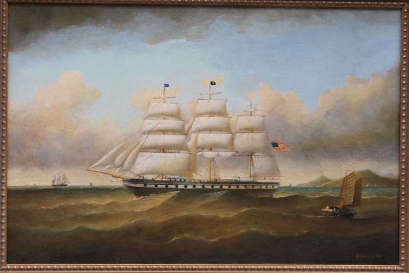 fine Brian Coole 11 1/2" x 17 1/4" o/panel depicting a: fine Brian Coole 11 1/2" x 17 1/4" o/panel depicting a New England trader ship in the China Sea in the 1840's - Private collection