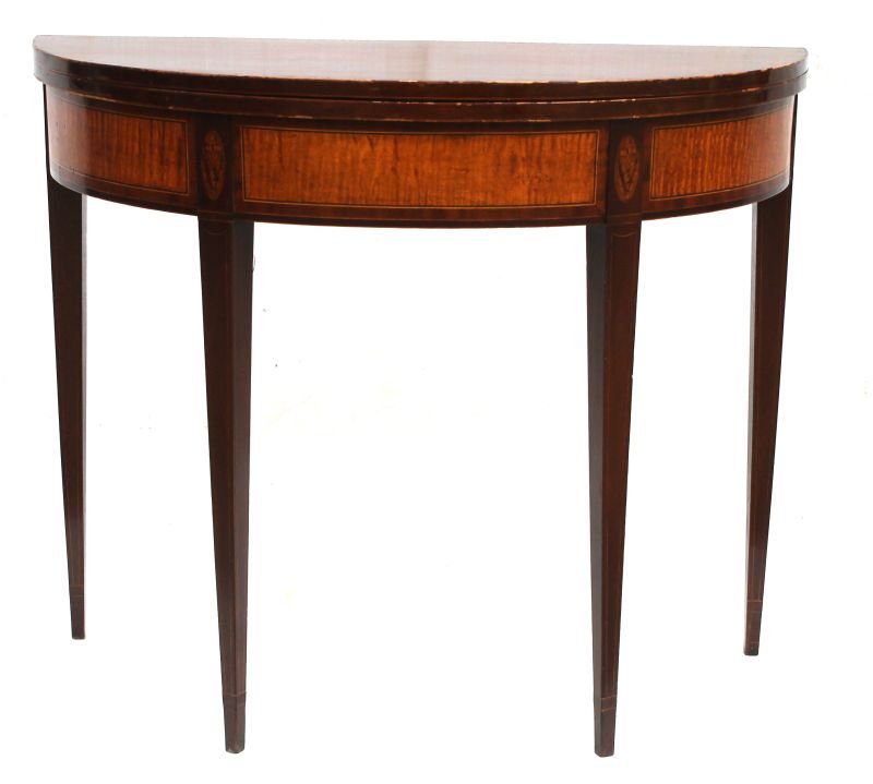 Excellent Period Hepplewhite ca 1790-1810 mahog & tiger: Excellent Period Hepplewhite ca 1790-1810 mahog & tiger maple demi-lune card table w oak leaf & acorn inlaid panels - 35 3/4"wide